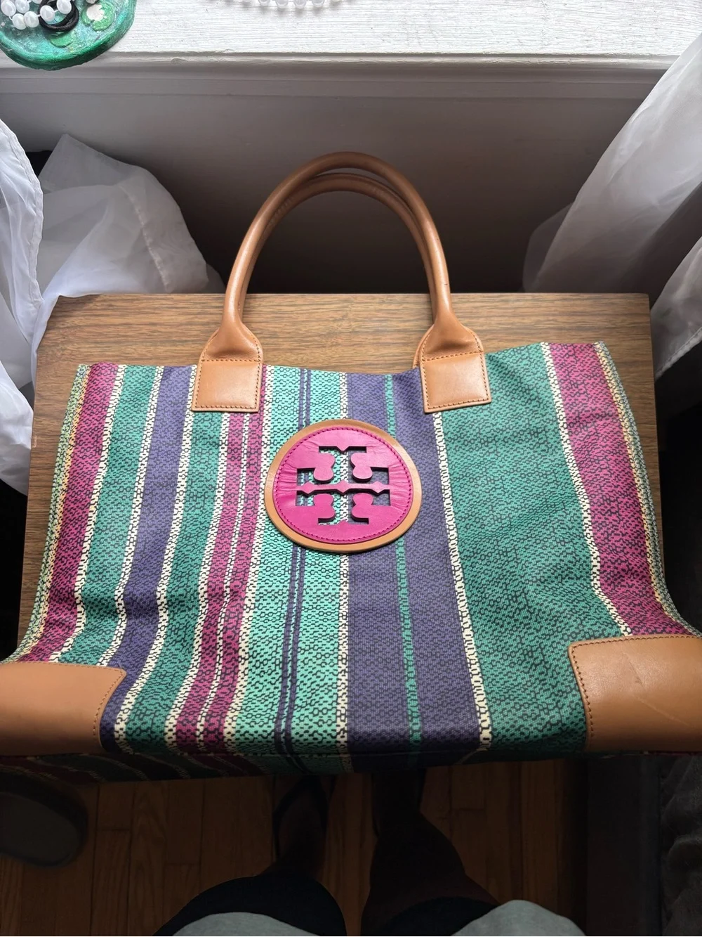 Tory Burch Ella striped pvc large tote bag